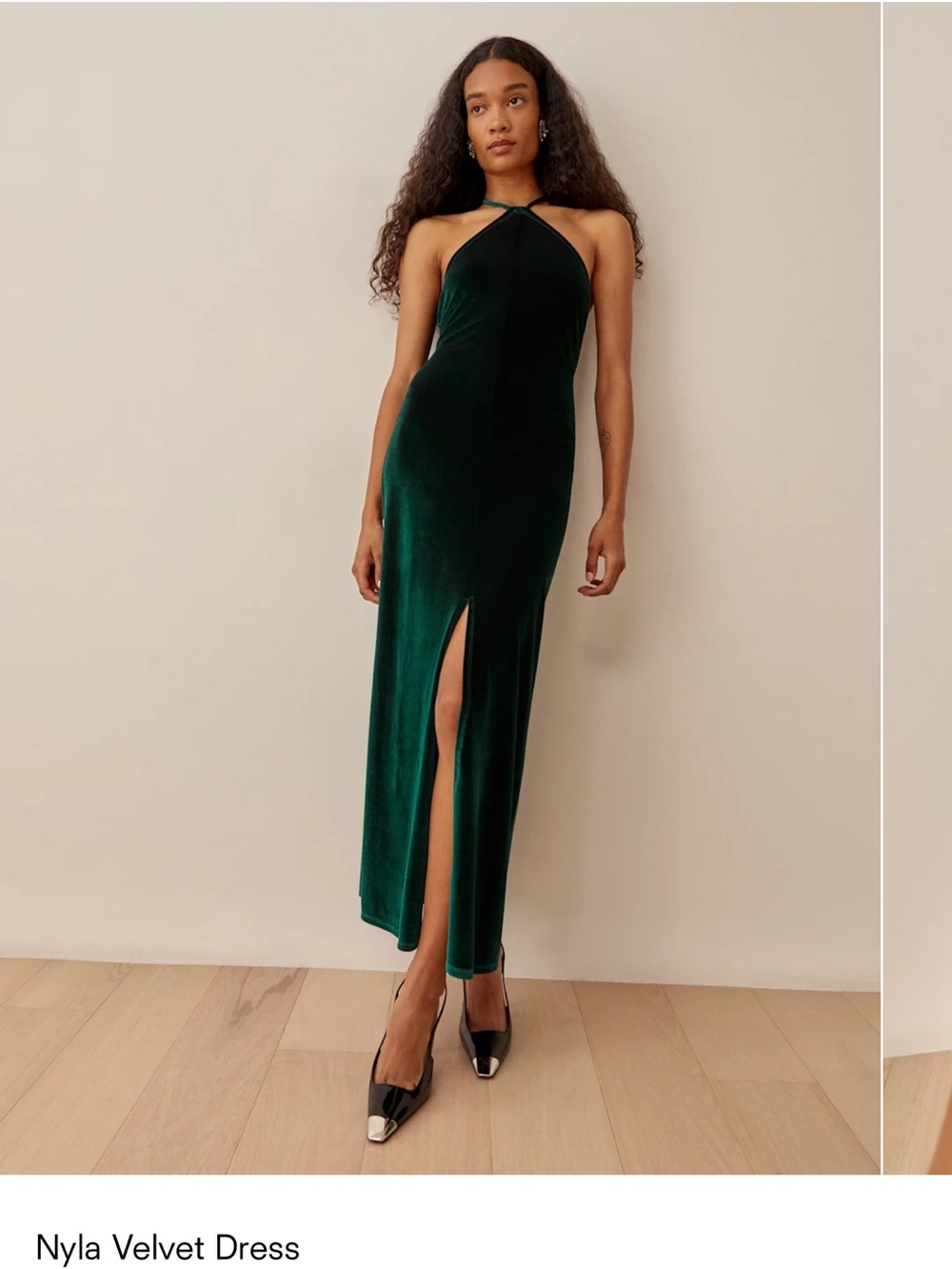 Reformation Emerald Green Velvet Halter Midi Dress with Front Slit